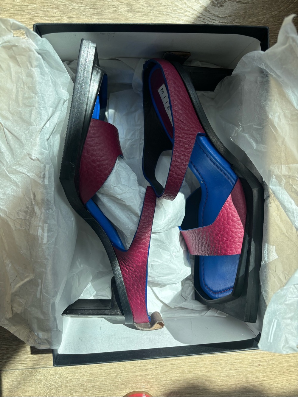 Miista Blue and Burgundy Leather Block Heel Sandals - Picture 2 of 4